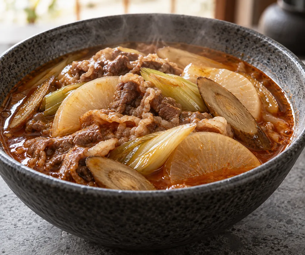 牛バラ肉とごぼうのユッケジャン風鍋の完成イメージ