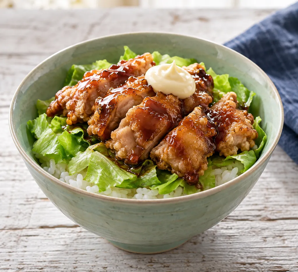 鶏もも肉とレタスのから揚げ丼の完成イメージ