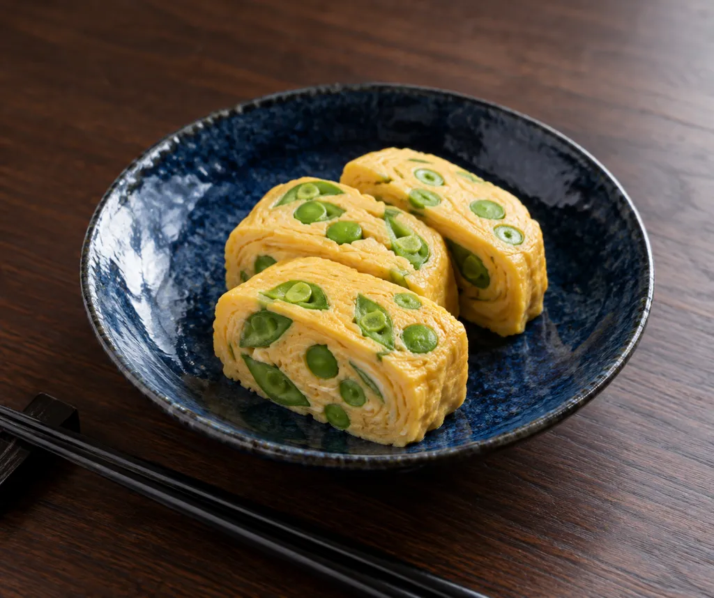 スナップえんどうのだし巻き卵の完成イメージ