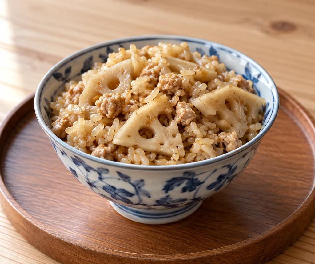 鶏ひき肉とれんこんの玄米炊き込みごはんの完成イメージ