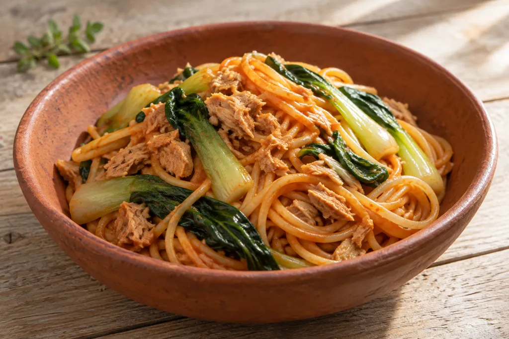 ツナとチンゲン菜のケチャップパスタの完成イメージ