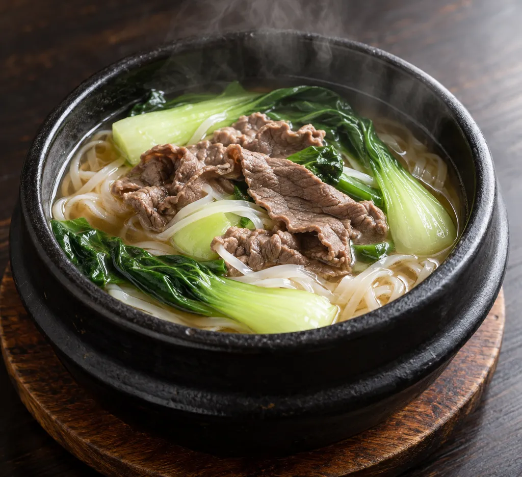 牛薄切り肉とチンゲン菜のフォーの完成イメージ