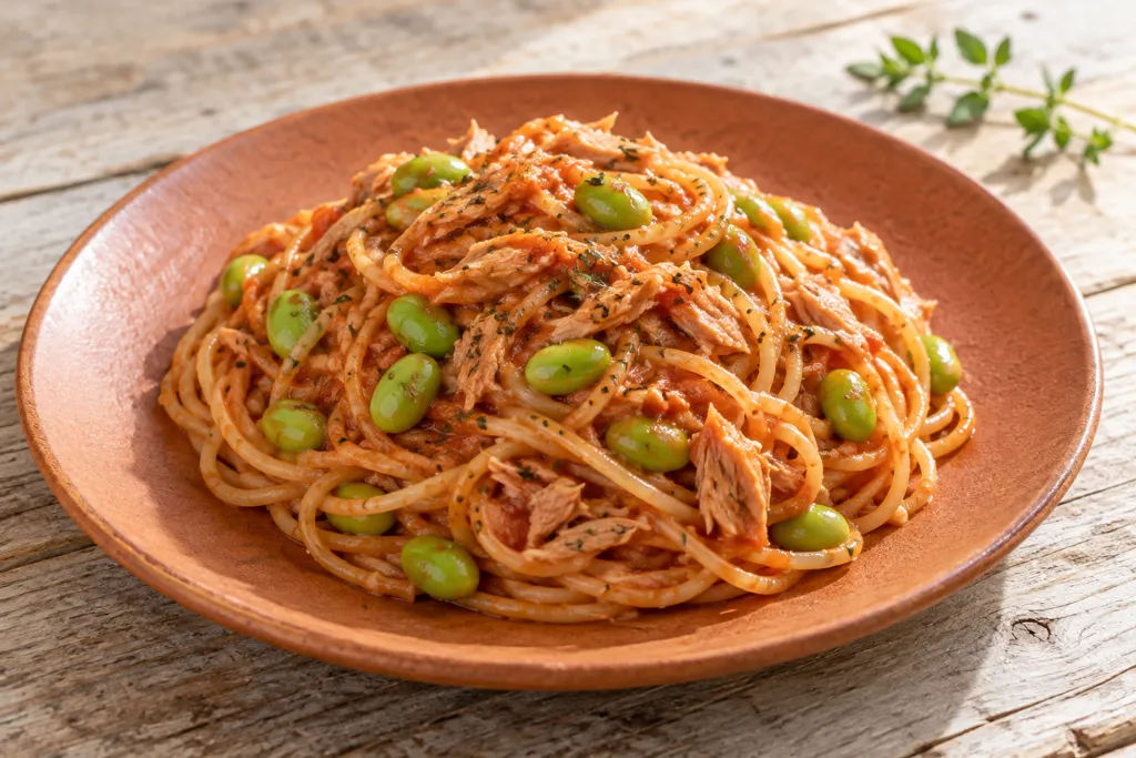 ツナと枝豆のケチャップパスタの完成イメージ