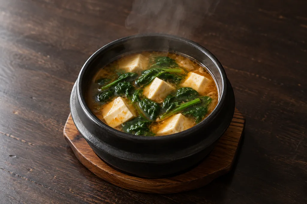 豆腐とほうれん草の韓国風味噌スープの完成イメージ