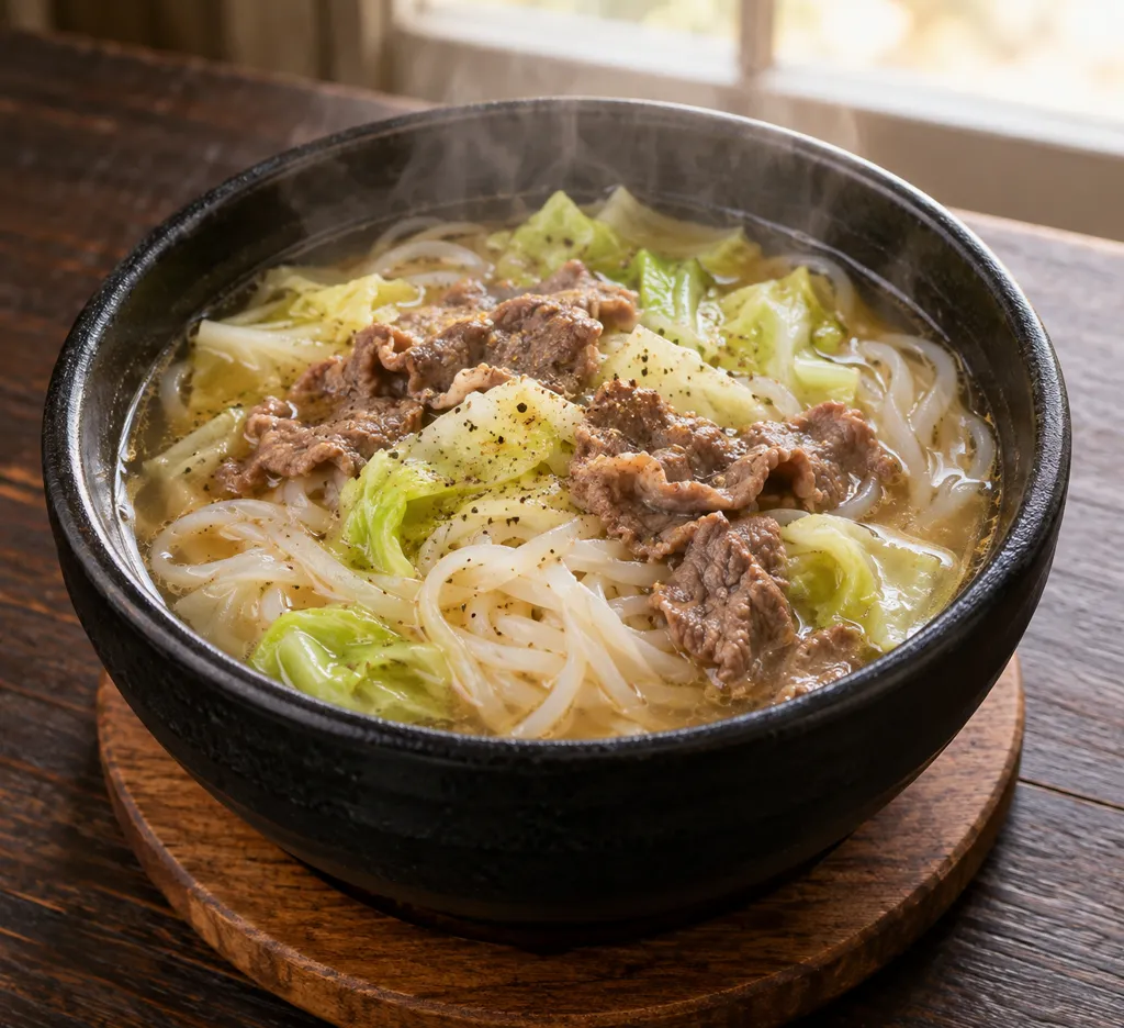 牛薄切り肉とキャベツのフォーの完成イメージ