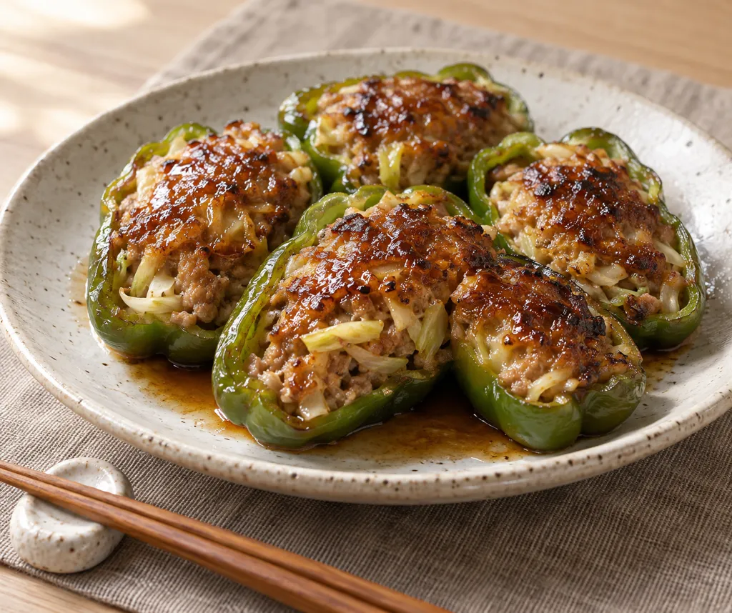 豚ひき肉とキャベツのピーマン肉詰めの完成イメージ