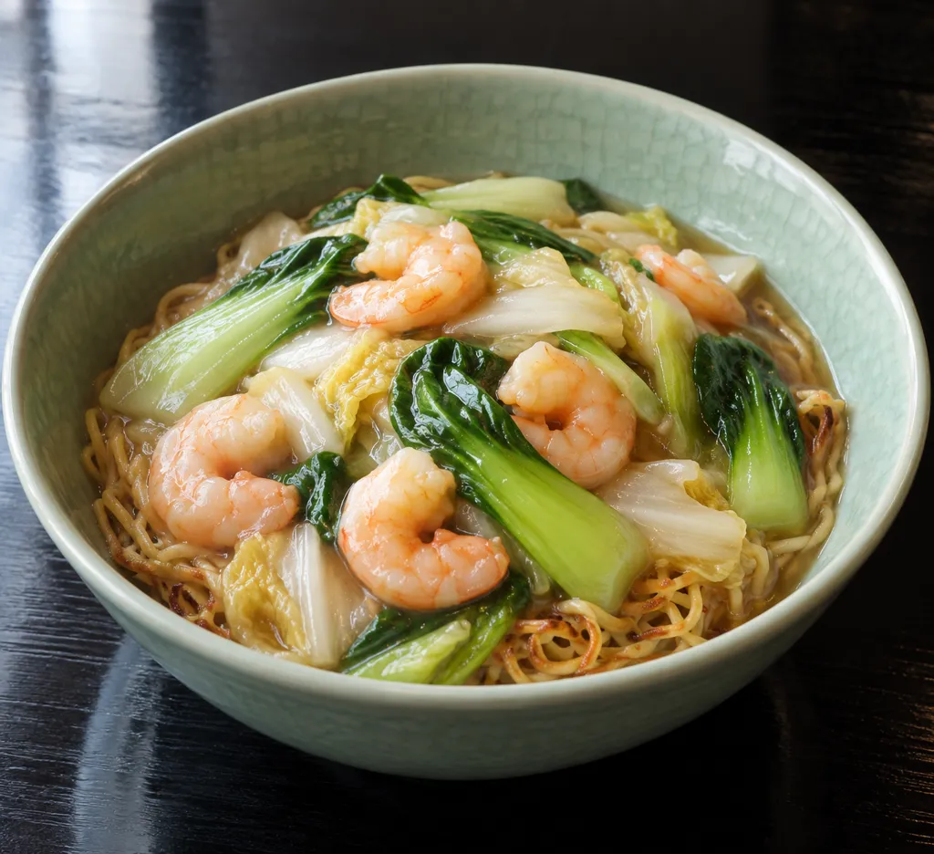 えびとチンゲン菜の中華あんかけ麺の完成イメージ