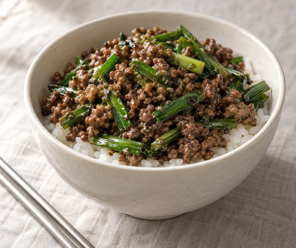 牛ひき肉とニラのバジル炒めごはんの完成イメージ