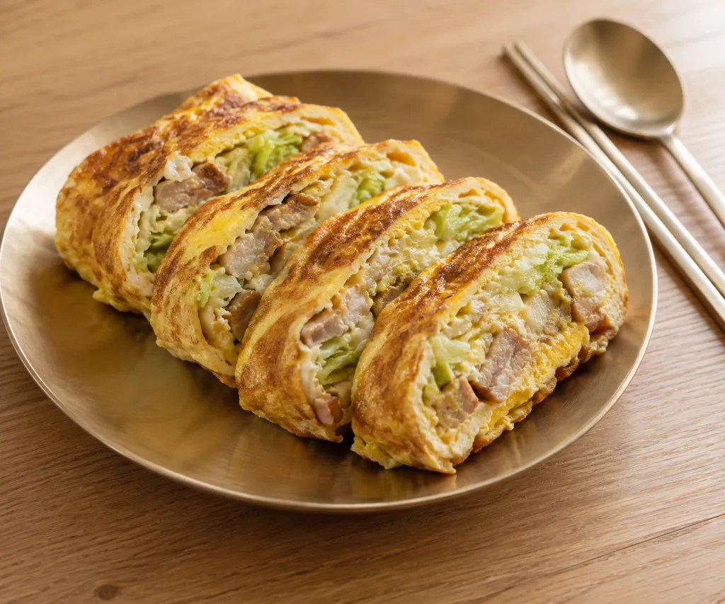 キャベツと豚バラ肉の韓国卵焼きの完成イメージ