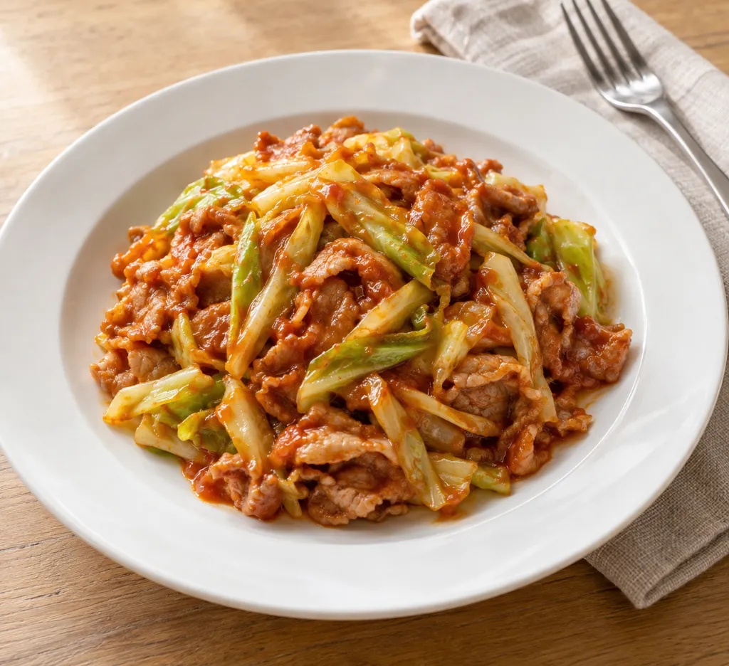豚こま肉とキャベツのケチャップ炒めの完成イメージ