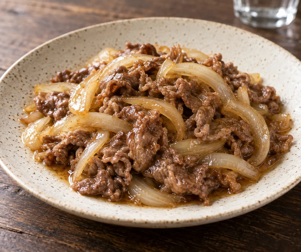 時短牛肉と玉ねぎのガリバタ炒めの完成イメージ