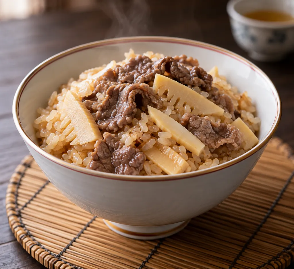 牛薄切り肉とたけのこの中華炊き込みご飯の完成イメージ