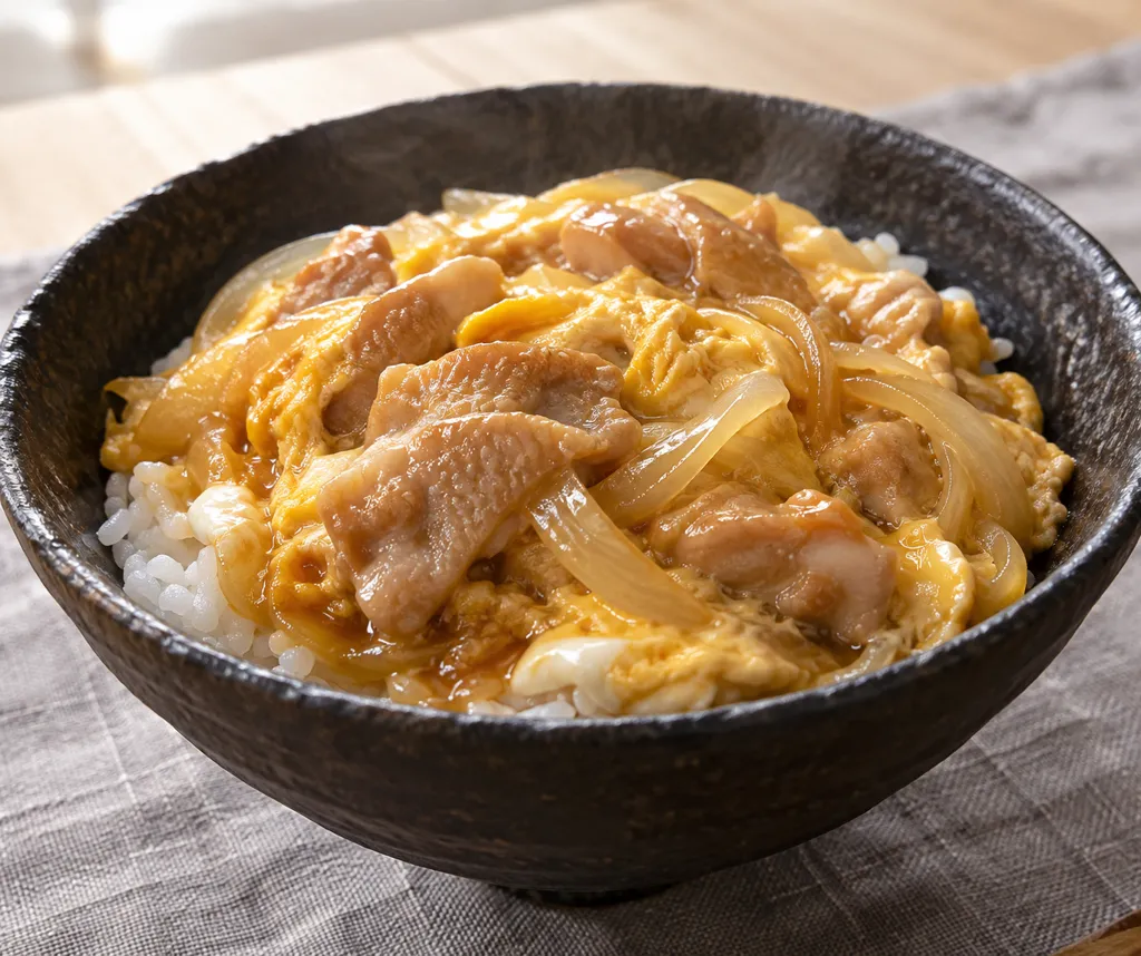 時短鶏もも肉と玉ねぎの甘辛親子丼の完成イメージ