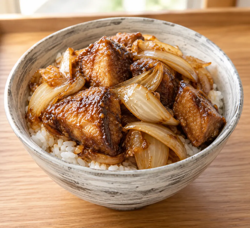 かつおと玉ねぎのから揚げ丼の完成イメージ