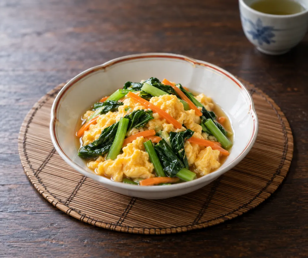 小松菜とにんじんの卵とじの完成イメージ