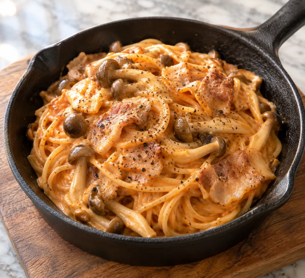 豚バラ肉としめじのケチャップマヨパスタの完成イメージ