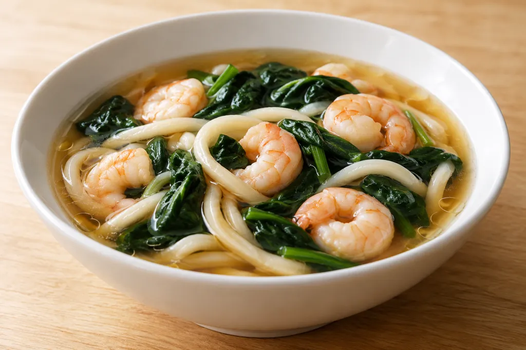えびとほうれん草の中華スープうどんの完成イメージ