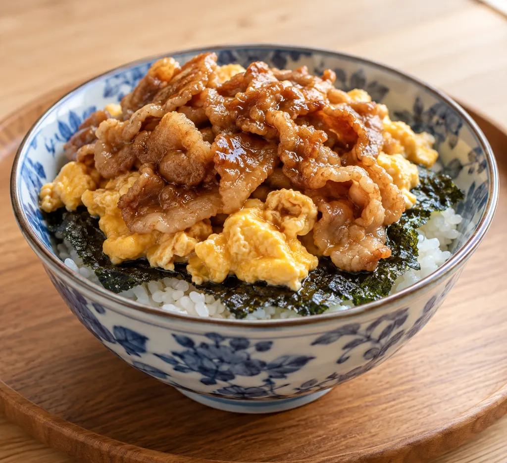 豚こま肉と卵ののり弁風丼の完成イメージ