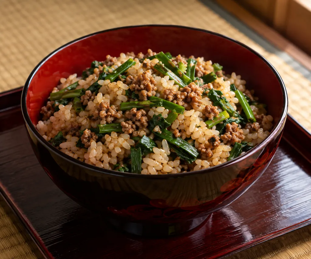 豚ひき肉とニラのにんにく混ぜごはんの完成イメージ