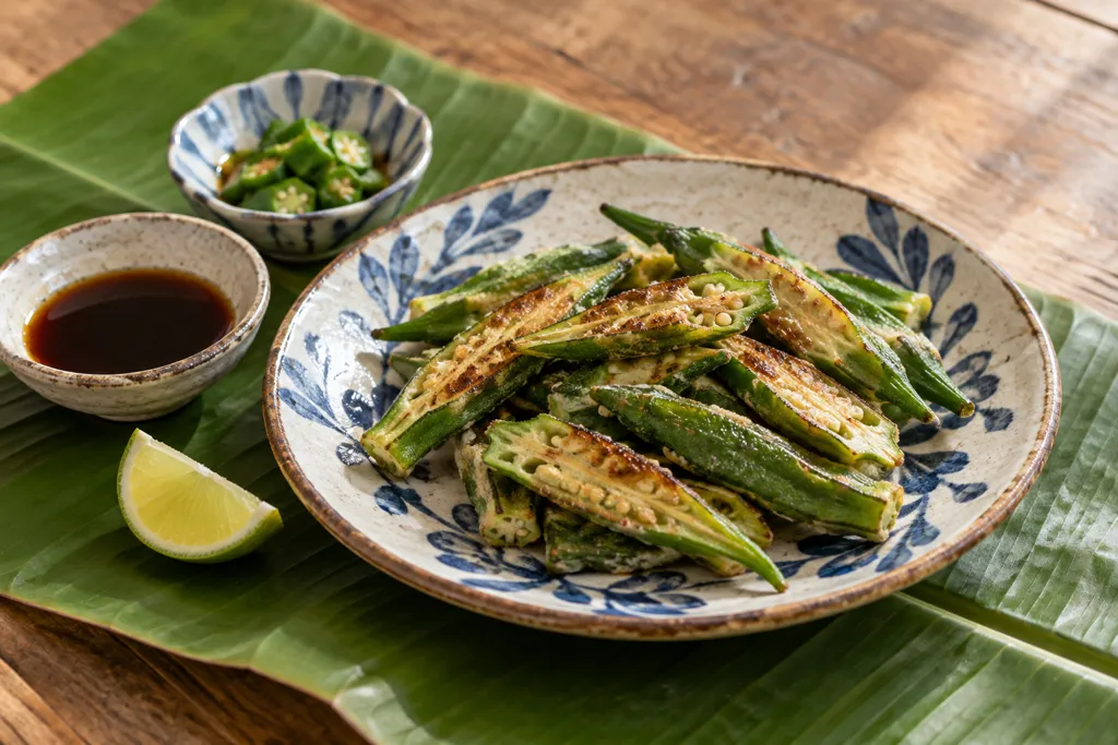 オクラの韓国風野菜焼き 酢醤油添えの完成イメージ