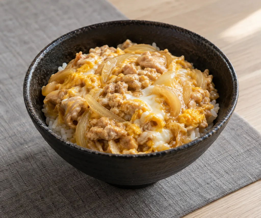 鶏ひき肉と玉ねぎの親子丼の完成イメージ