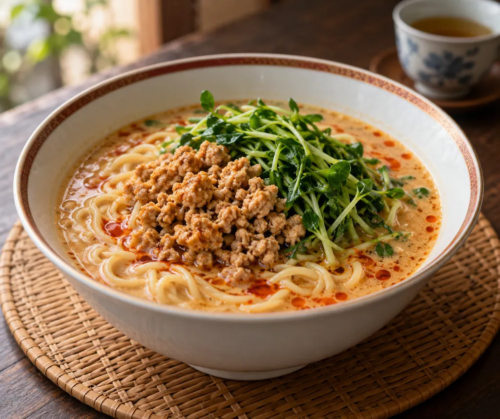 鶏ひき肉と豆苗の味噌担々麺の完成イメージ