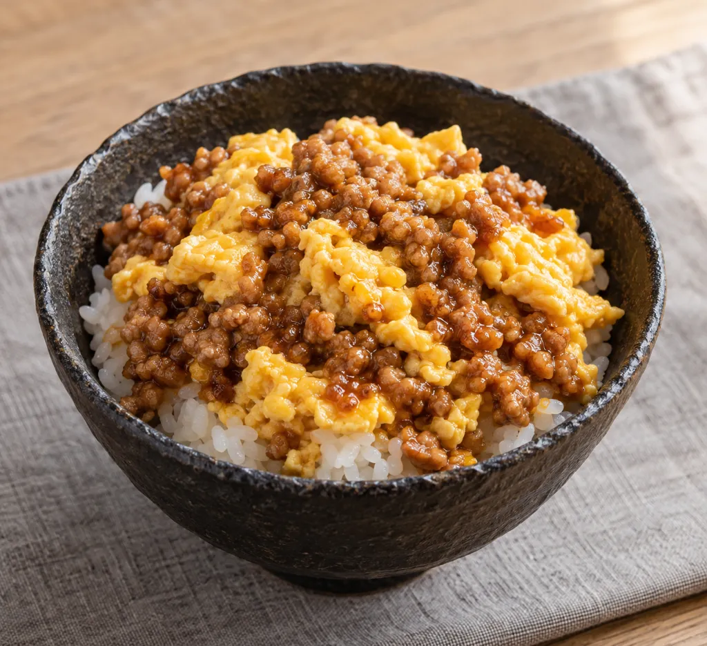 豚そぼろと炒り卵の甘味噌丼の完成イメージ