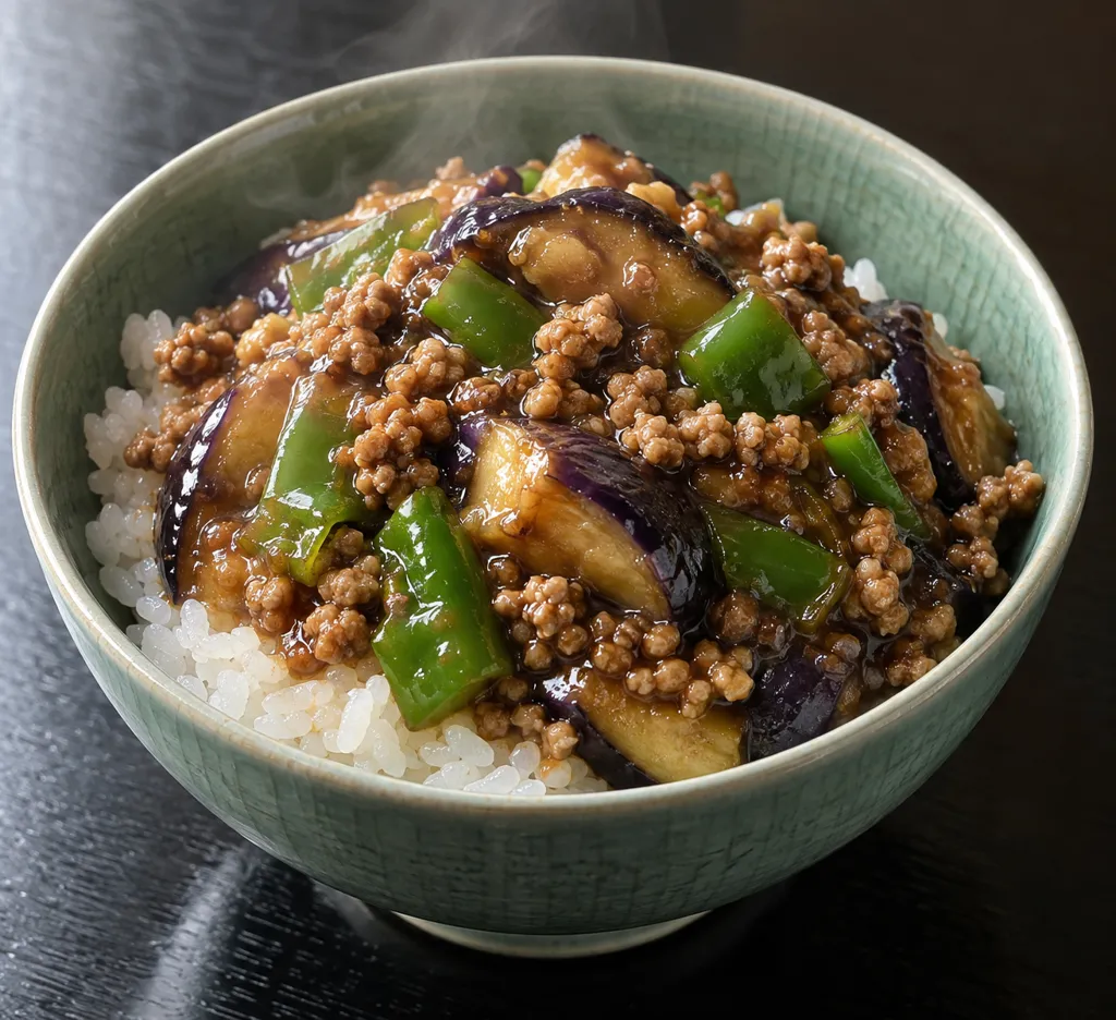 豚ひき肉となすのあんかけ丼の完成イメージ