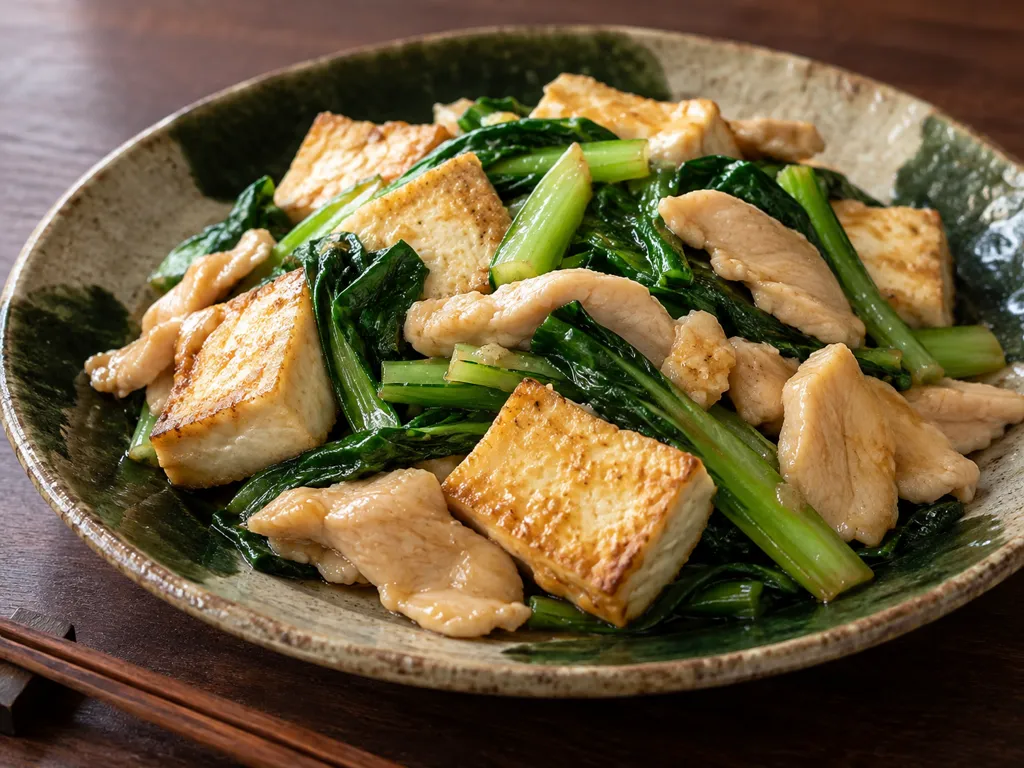 鶏むね肉と小松菜のしょうが豆腐炒めの完成イメージ
