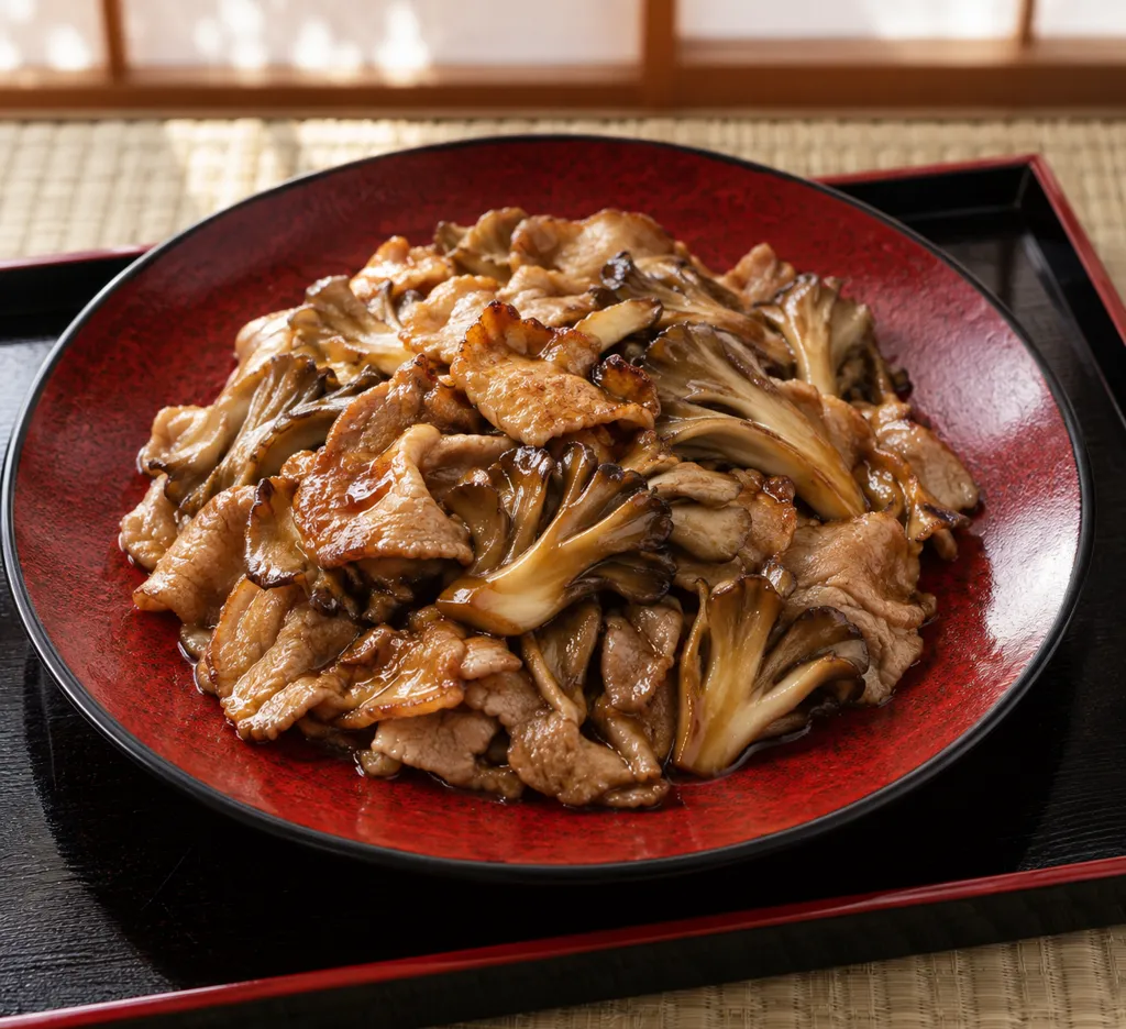 豚もも肉とまいたけのにんにく醤油炒めの完成イメージ