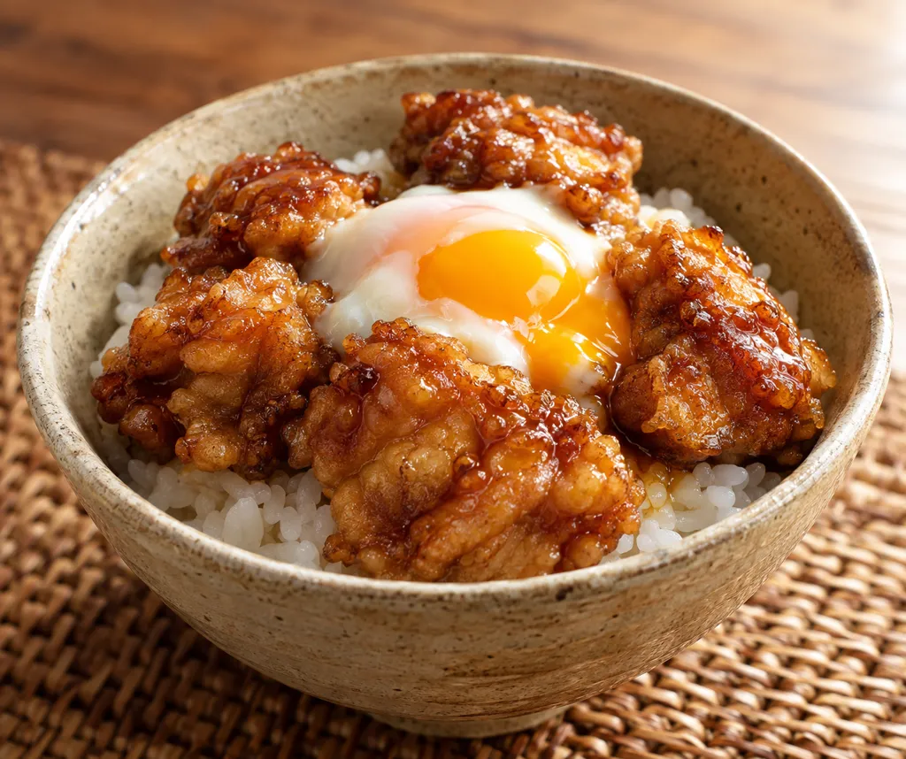 鶏もも肉と温泉卵のから揚げ丼の完成イメージ