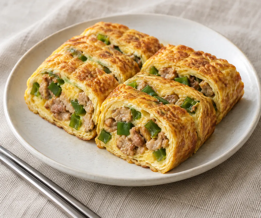 ピーマンと豚こま肉の韓国卵焼きの完成イメージ