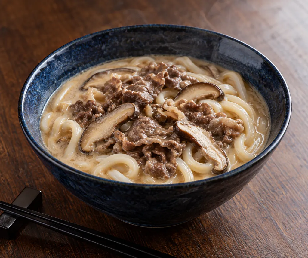 牛薄切り肉としいたけの甘辛豆乳うどんの完成イメージ