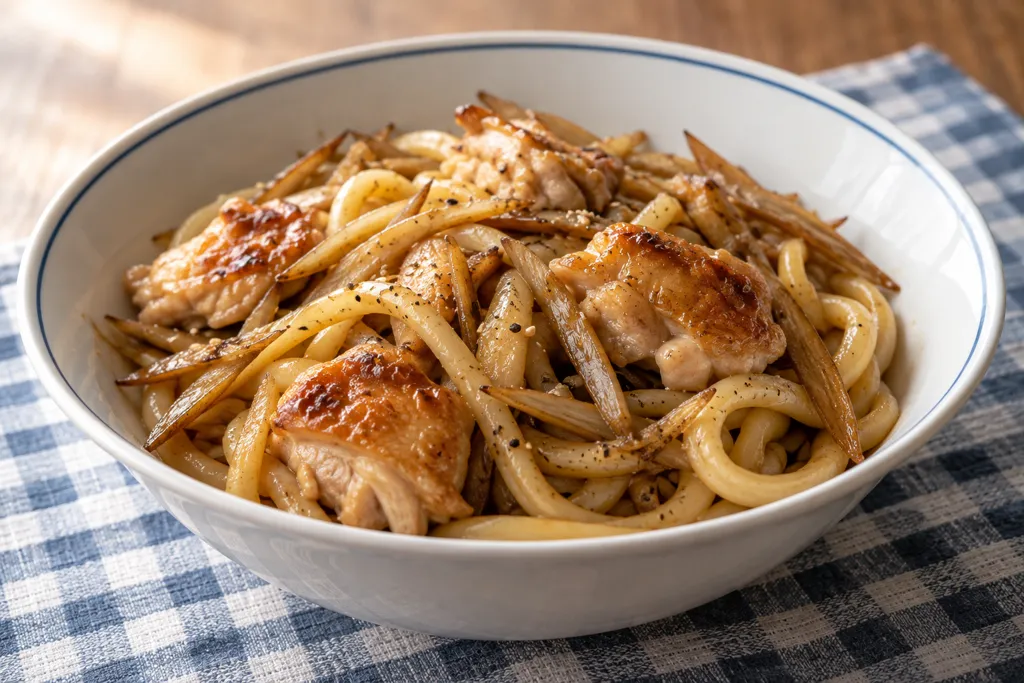 鶏もも肉とごぼうの和風焼きうどんの完成イメージ