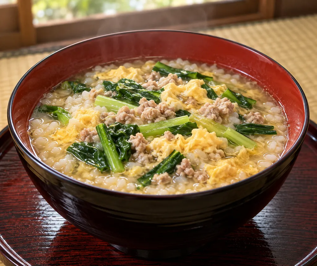 豚ひき肉と小松菜の卵雑炊の完成イメージ