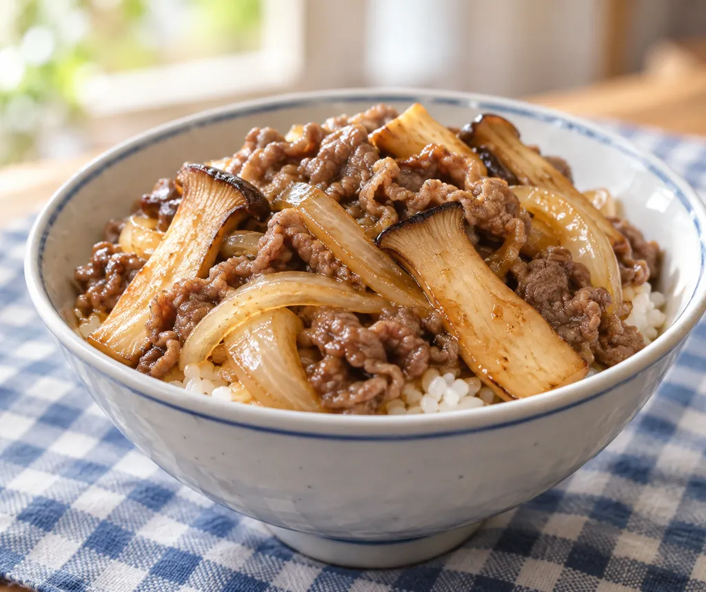 エリンギと玉ねぎの牛こま丼の完成イメージ