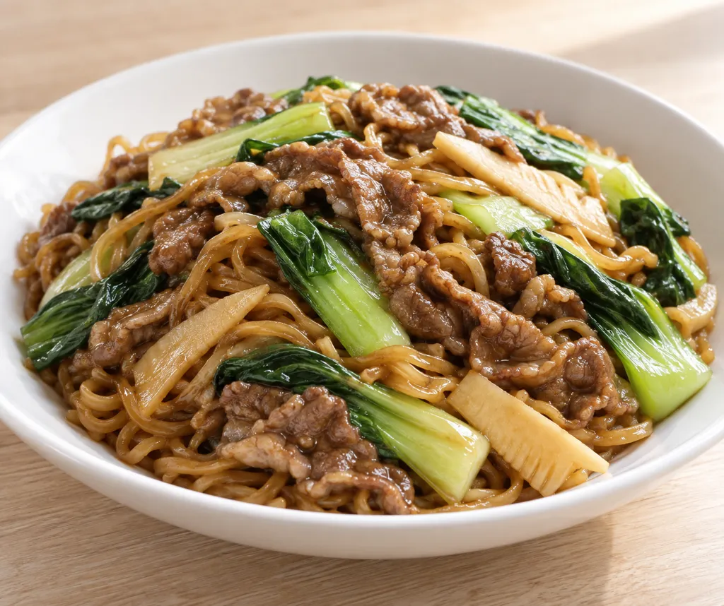 牛こま肉とチンゲン菜の焼きそばの完成イメージ