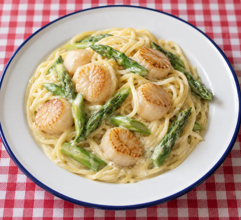 ほたてとアスパラガスのクリーム風パスタの完成イメージ