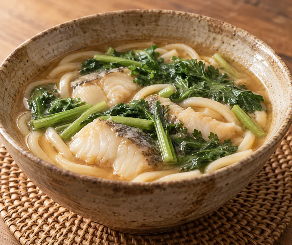 たらと春菊の味噌煮込みうどんの完成イメージ