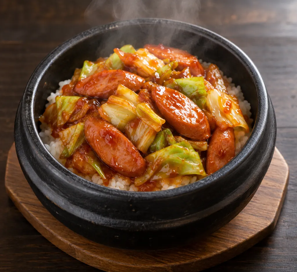 ウインナーとキャベツの韓国甘辛丼の完成イメージ