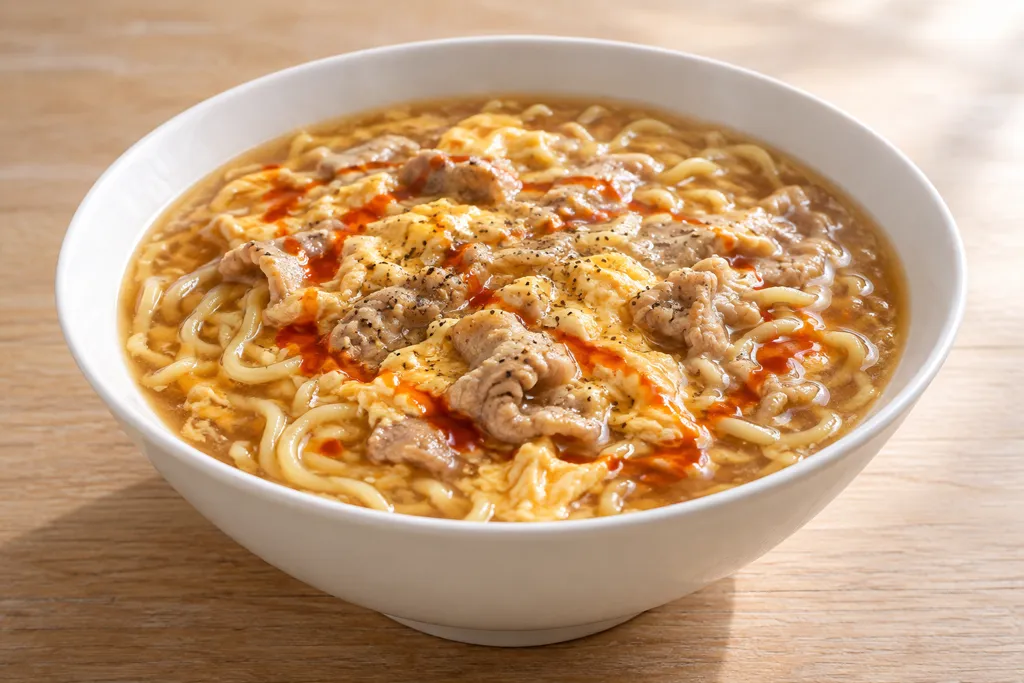 時短豚こま肉と卵の酸辣湯麺の完成イメージ