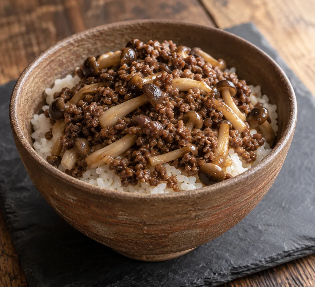 しめじの牛そぼろ丼の完成イメージ