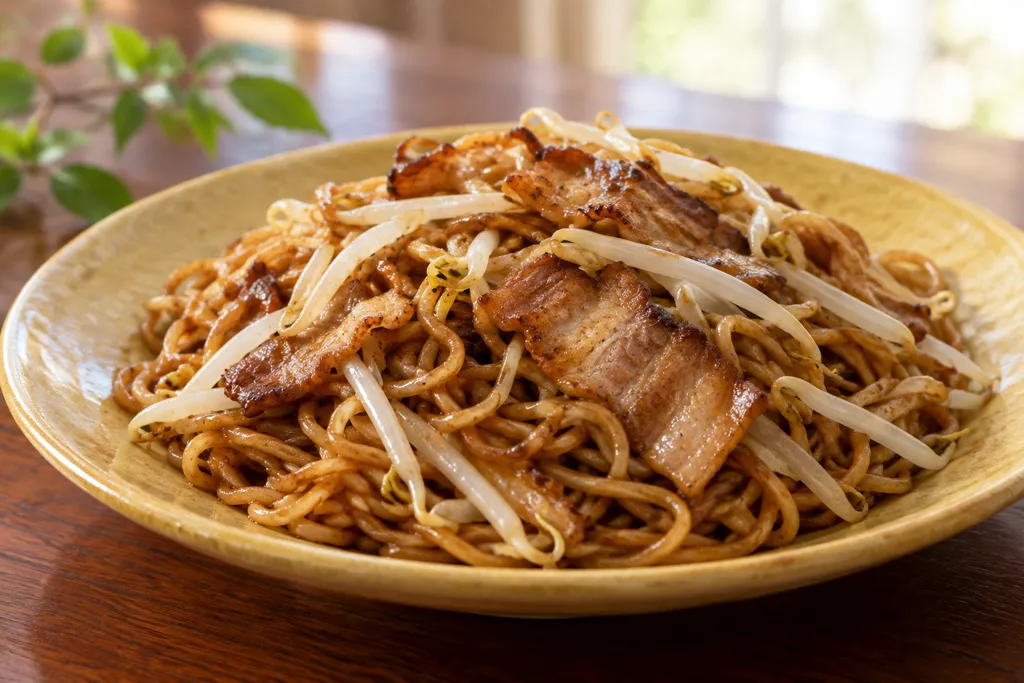 豚バラ肉ともやしのソース焼きそばの完成イメージ
