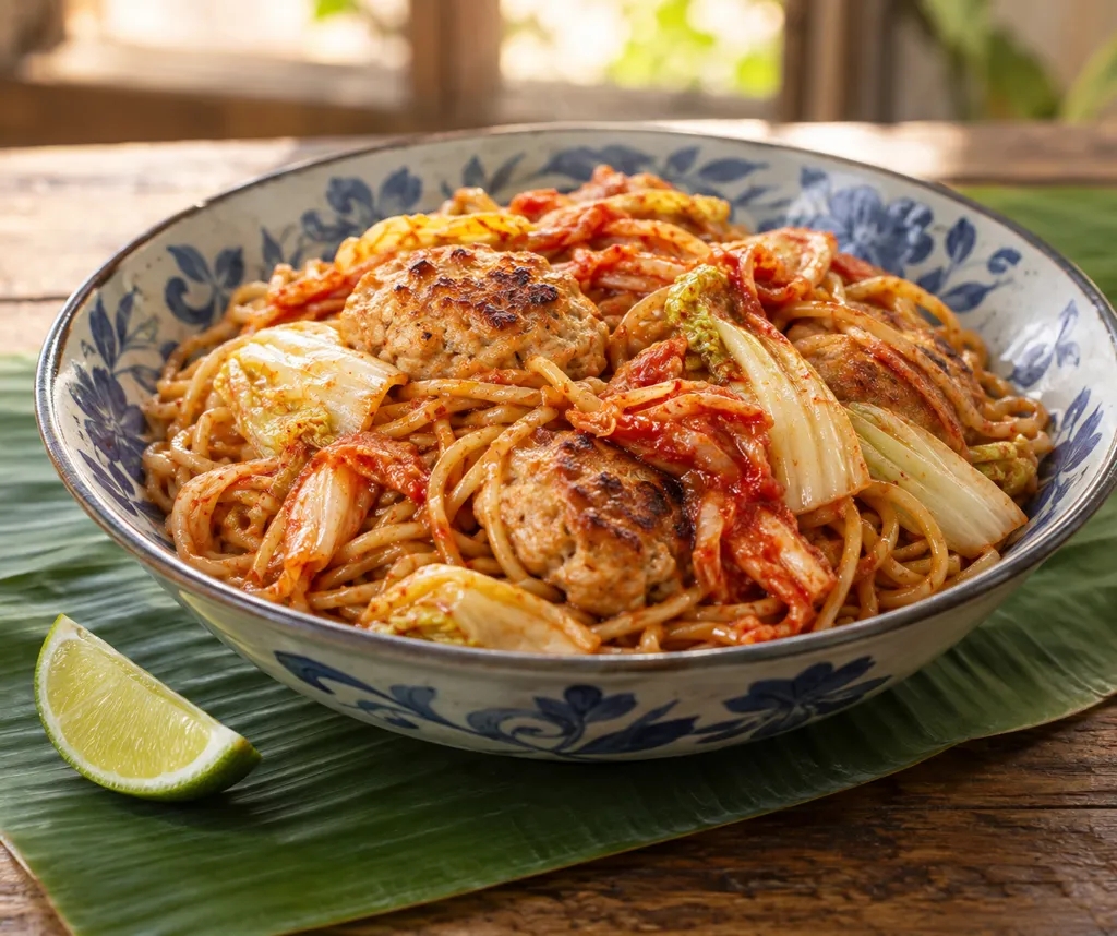 鶏団子と白菜のキムチ焼きそばの完成イメージ