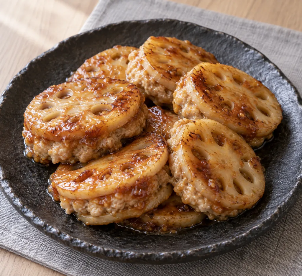 れんこんと鶏ひき肉の味噌はさみ焼きの完成イメージ