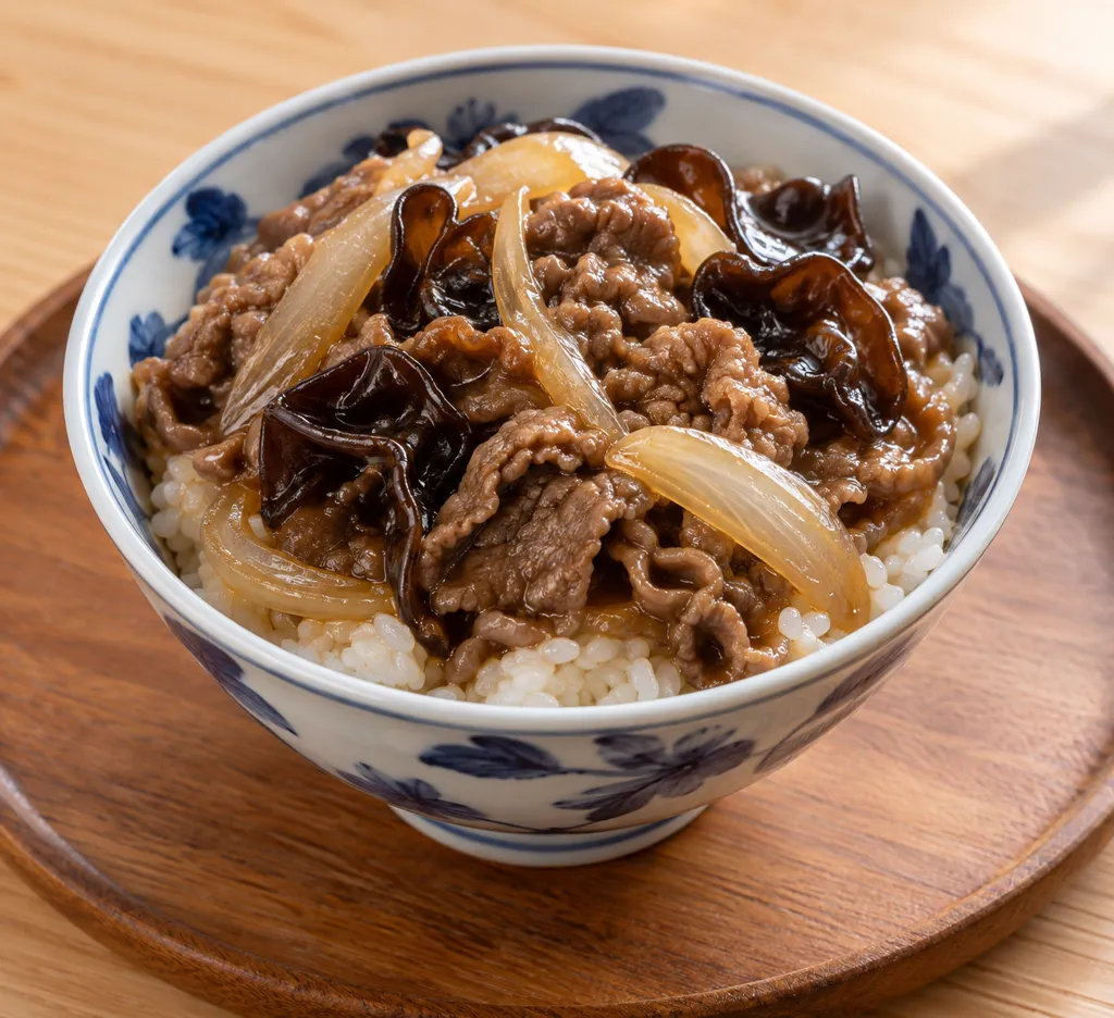 きくらげと玉ねぎの牛もも丼の完成イメージ
