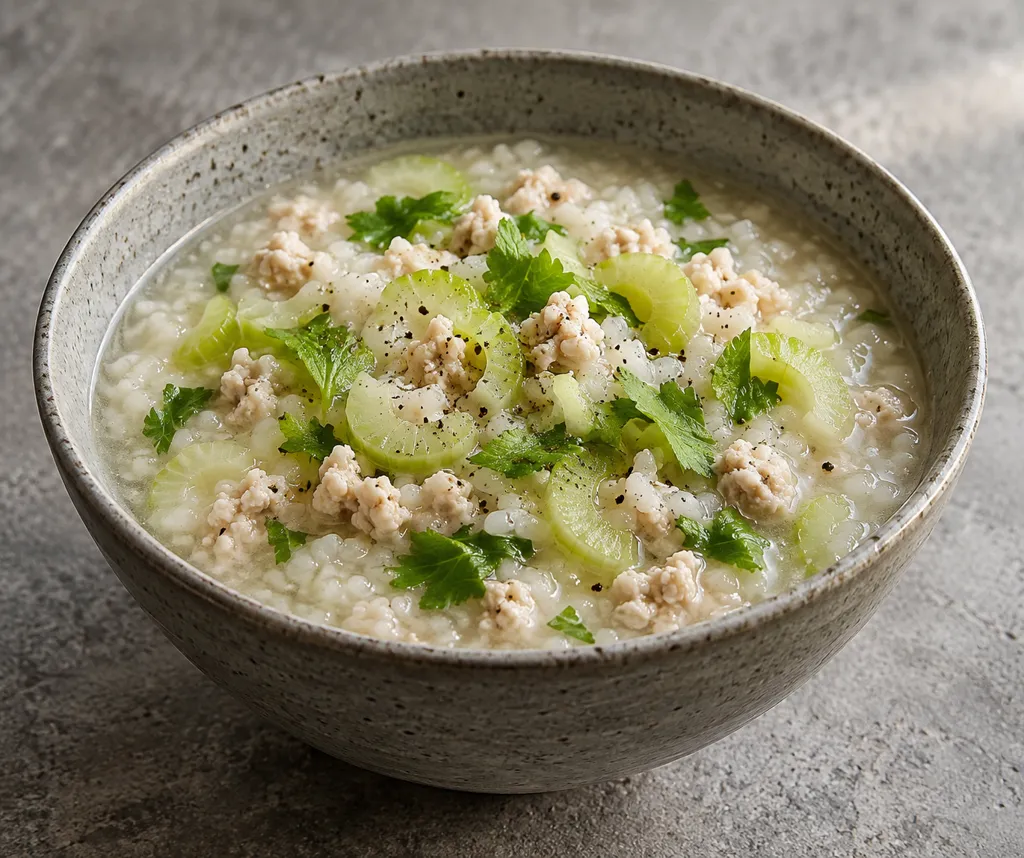鶏ひき肉とセロリのタイ風おかゆの完成イメージ