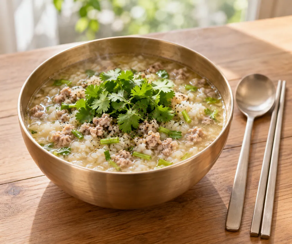 豚ひき肉とパクチーのタイ風おかゆの完成イメージ