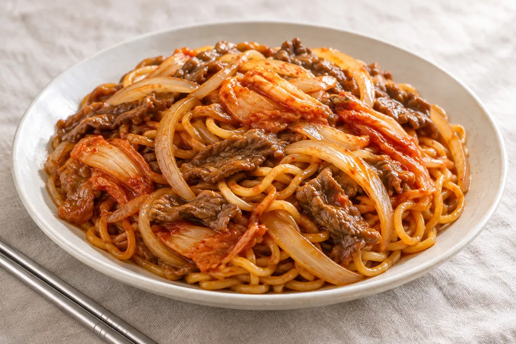 牛薄切り肉と玉ねぎのキムチ焼き麺の完成イメージ