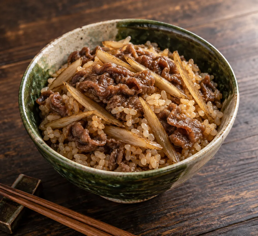 牛こま肉とごぼうの甘辛混ぜごはんの完成イメージ